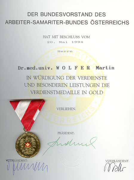 Auszeichnungen Chevalier Dr. Martin Wolfer 