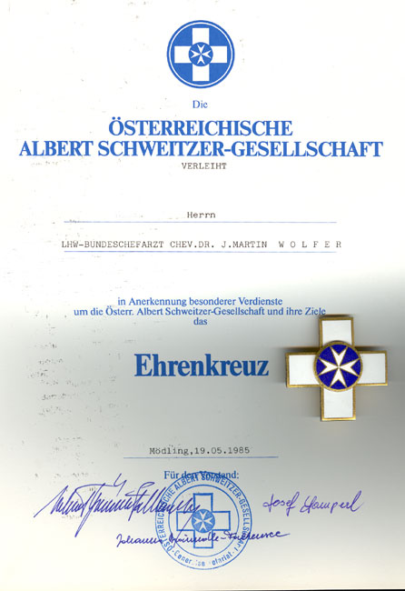 Auszeichnungen Chevalier Dr. Martin Wolfer 