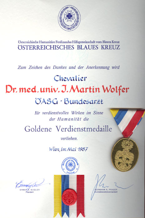 Auszeichnungen Chevalier Dr. Martin Wolfer 